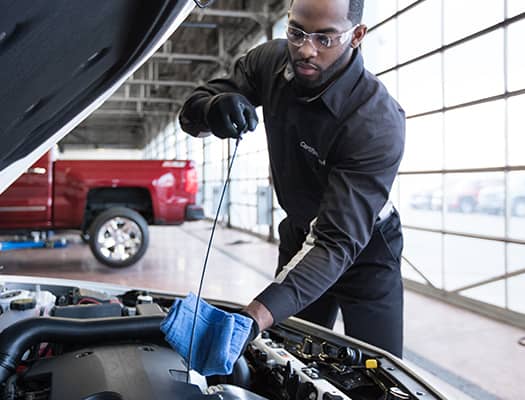 service technician checking vehicle fluids