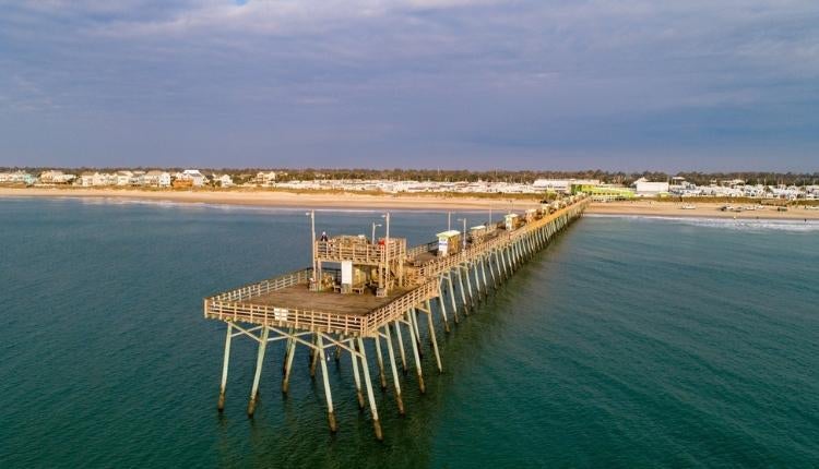 drone view of Bogue Inlet Fishing Pier in Emerald Isle