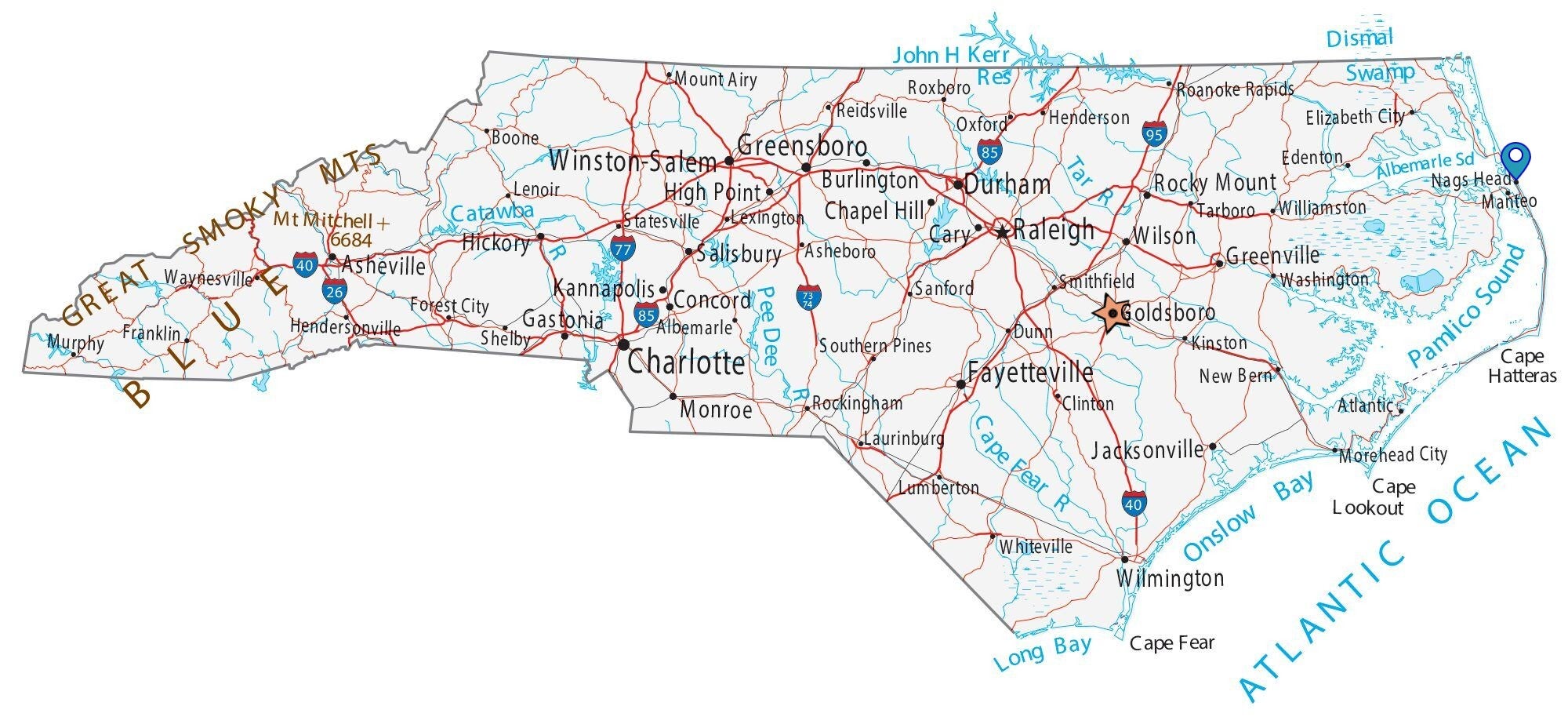 How far is the outer banks from Goldsboro NC map