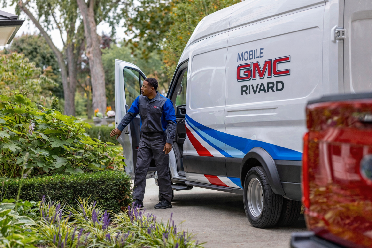 Rivard Buick GMC branded mobile service van parked at a Tampa FL residence