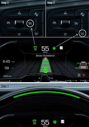 Three-step dashboard guide: Step 1 shows a button with a car icon on a black panel. Step 2 zooms in on the button. Step 3 displays a digital screen with speed and driver assistance visuals, featuring a car and lane markings, indicating active safety features.