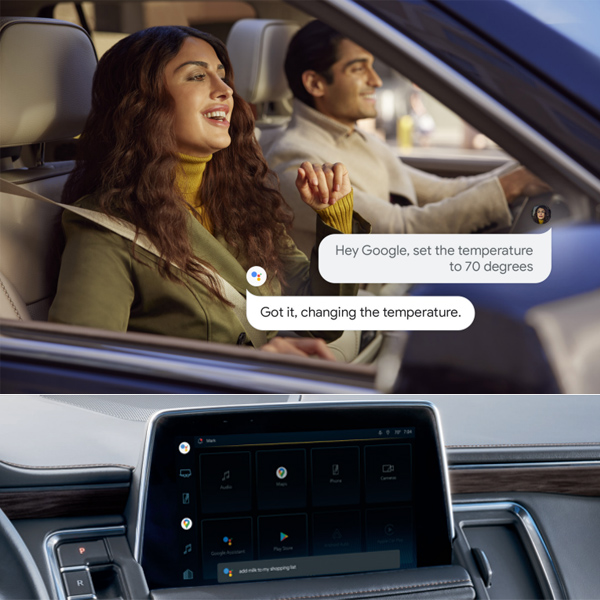 A woman in a car uses voice command to set the temperature to 70 degrees via Google Assistant. The car's display shows various app icons. The atmosphere is modern and convenient.