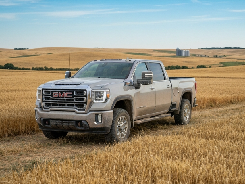 A powerful 2026 GMC Sierra 2500HD pickup truck, slightly dusty, parked majestically at the edge of a vast, golden Kansas wheat field under a wide, clear blue sky with a few wispy clouds. The truck's rugged design is highlighted, showcasing its capability. In the background, rolling hills of farmland extend to the horizon, with hints of a distant silo or barn. The scene evokes reliability, strength, and the open expanse of agricultural life. Professional wide-angle landscape photograph with natural lighting.