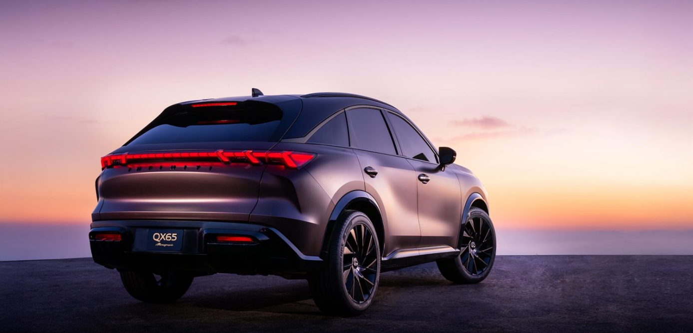 A sleek INFINITI QX65 luxury crossover is shown from the rear at sunset, featuring a coupe-inspired silhouette, full-width LED taillights, and modern premium styling against a colorful evening sky.