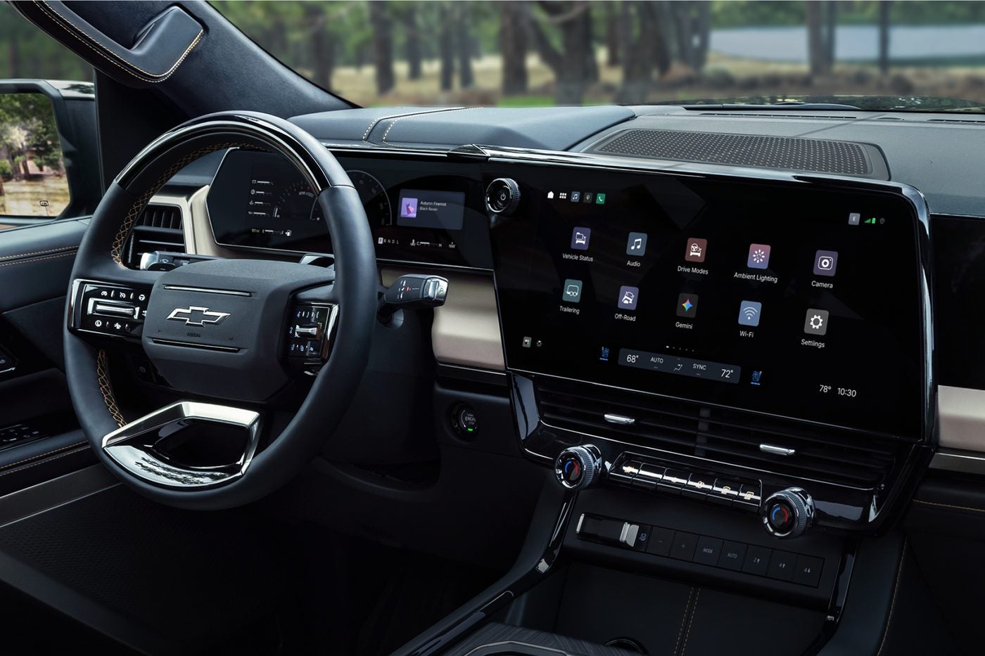 2027 Chevy Silverado 1500 dashboard with the 16.3-inch center screen and 12.2-inch driver display