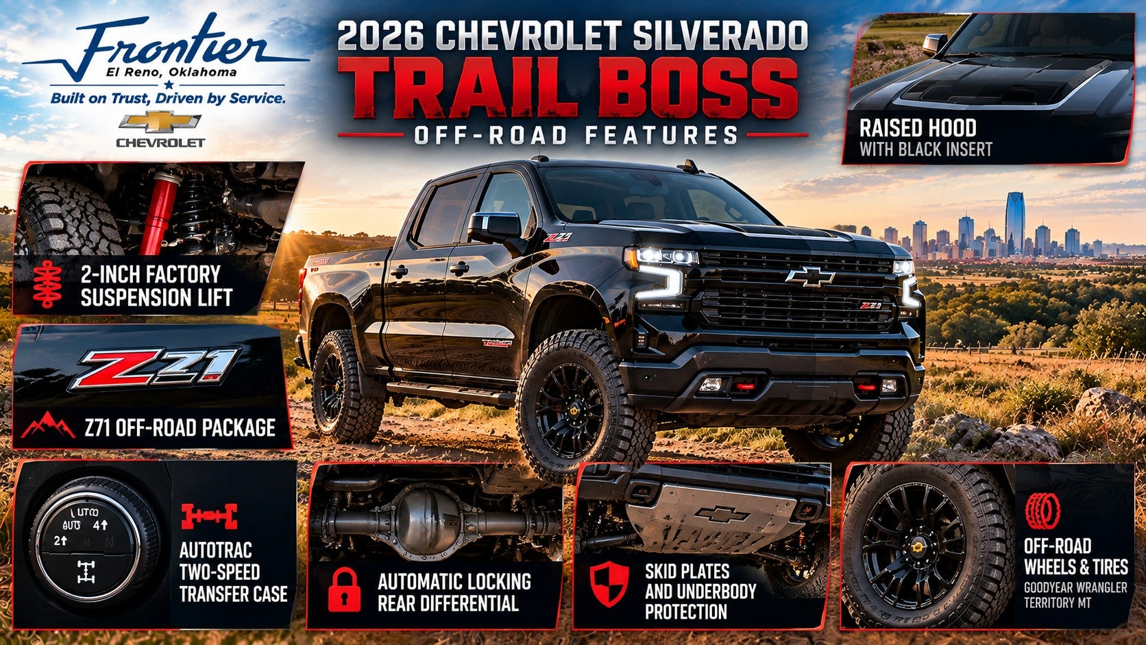 2026 Chevrolet Silverado Trail Boss showing 2-inch factory suspension lift, Z71 off-road package, four-wheel drive and off-road features