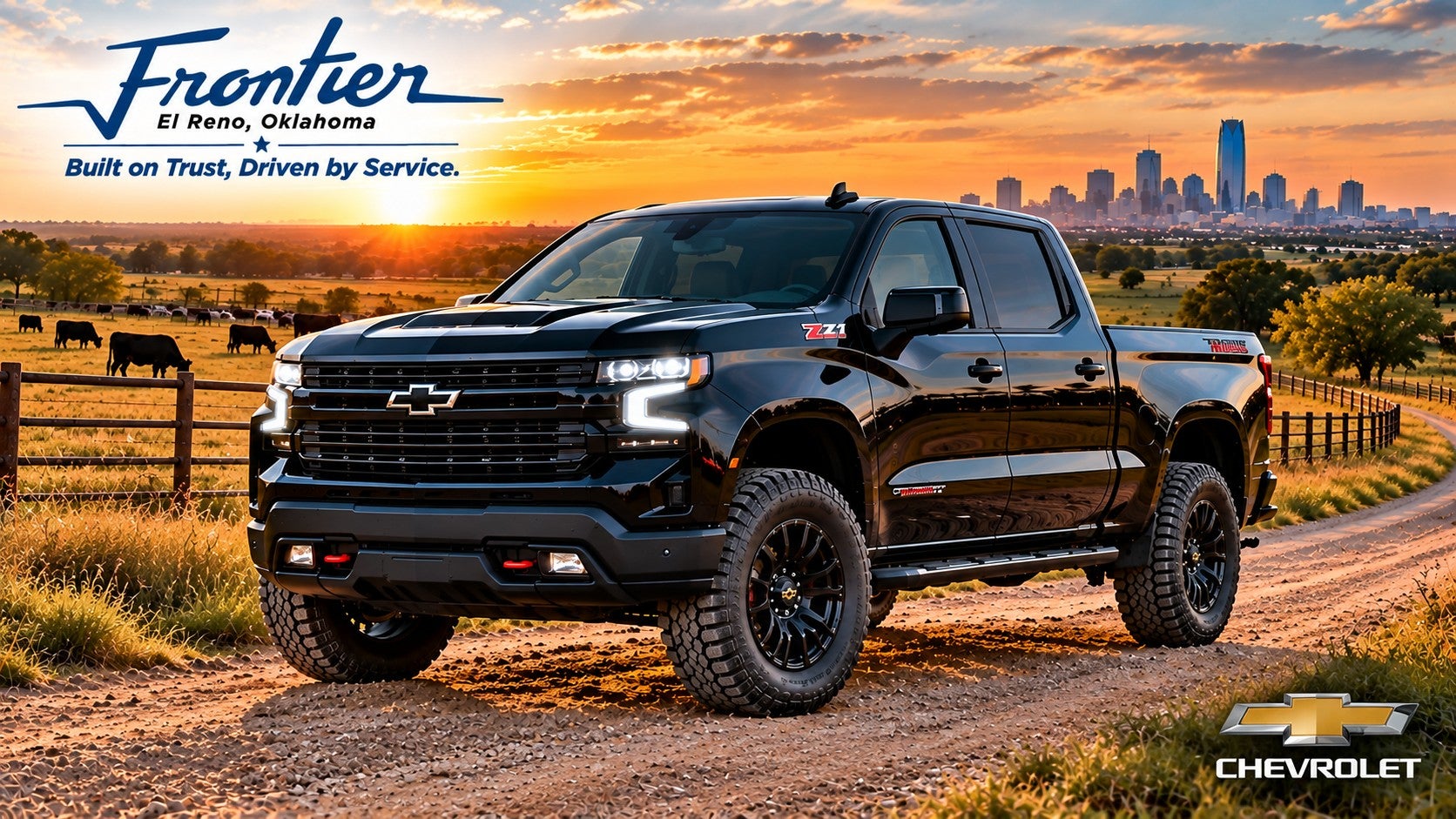 Chevrolet Silverado Trail Boss on a rural Oklahoma ranch road near El Reno with the Oklahoma City skyline in the distance