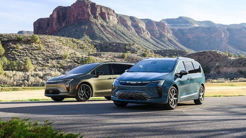 Olive green and blue 2027 Chrysler Pacifica minivans parked in a canyon; Chrysler Pacifica specials at Ross Downing CDJR in Hammond, LA