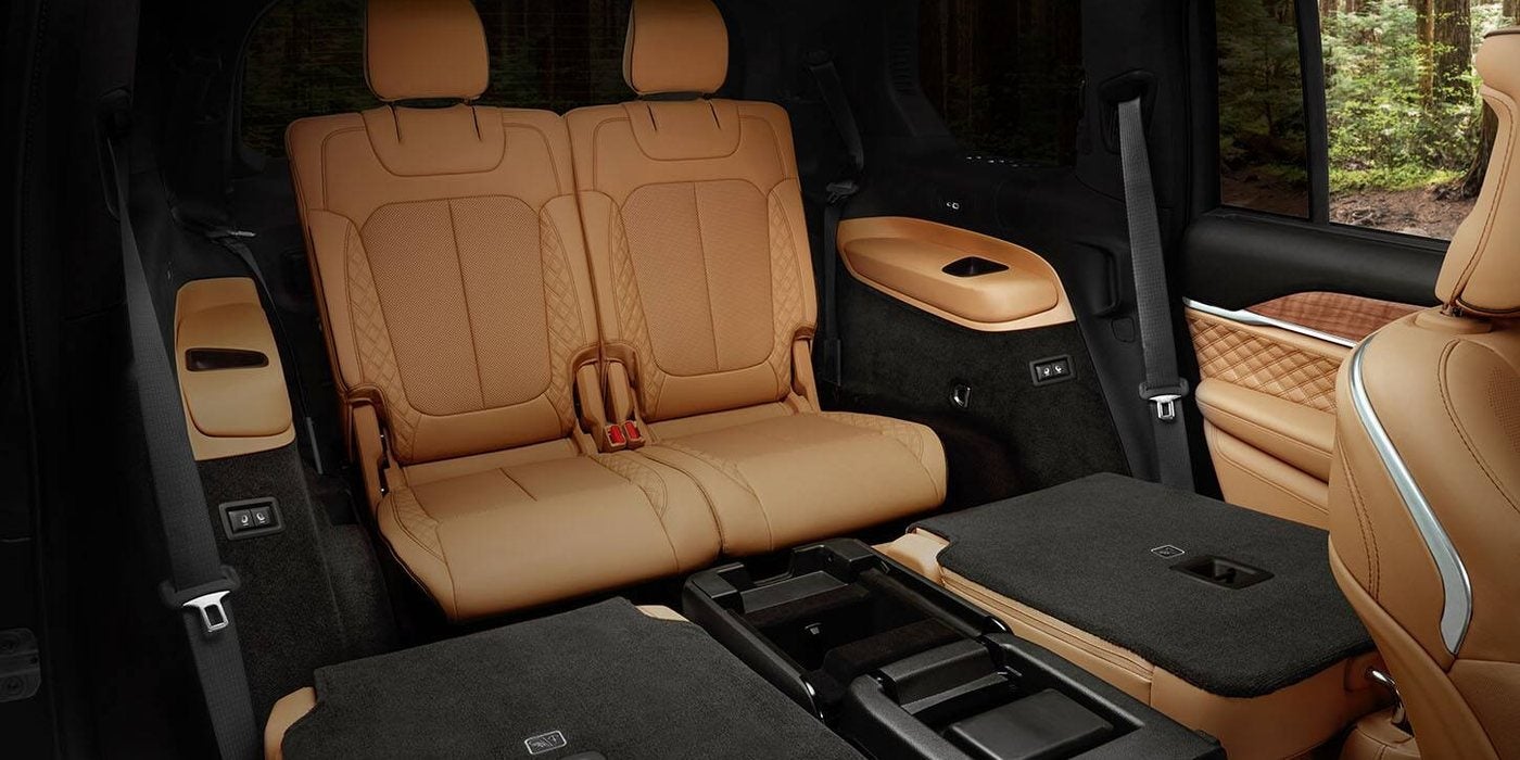 Third-row bench seat in a 2027 Jeep Grand Cherokee L Summit with the second row folded, at Ross Downing CDJR in Hammond, LA