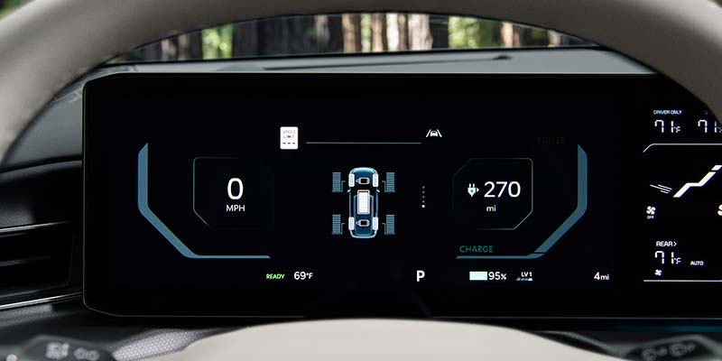 Kia EV dashboard display showing speed 0 MPH, range 270 miles, temperature 69°F.