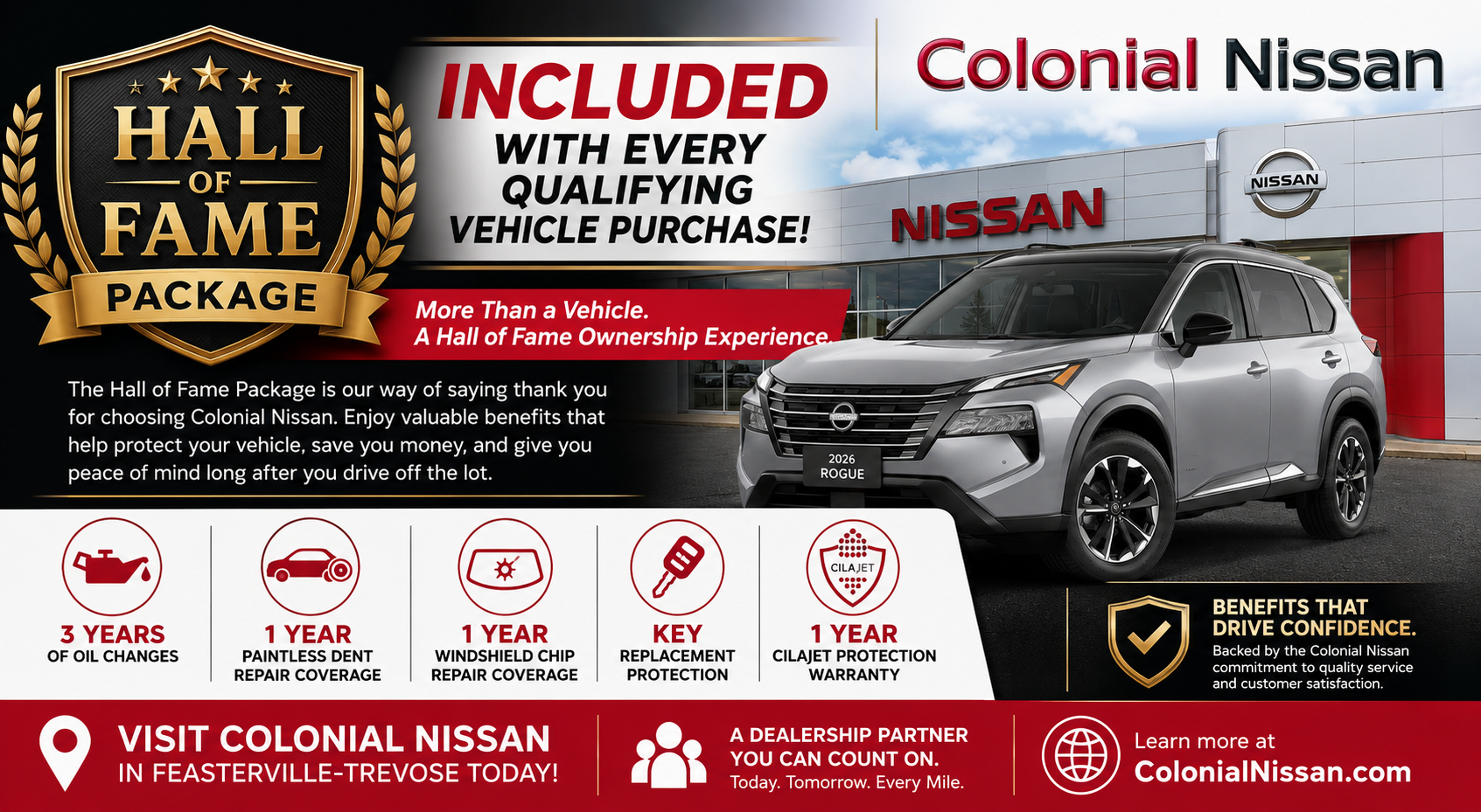 A family standing next to a brand-new 2026 Nissan Rogue in front of the Colonial Nissan dealership with a headline overlay:
