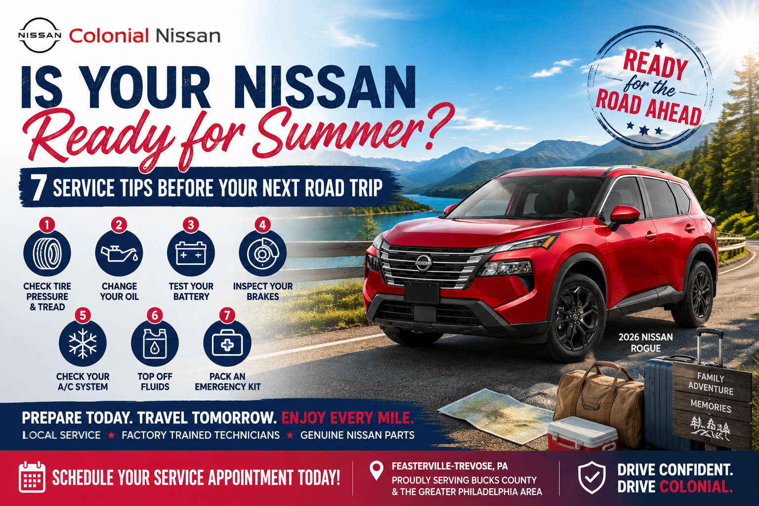 2026 Nissan Rogue on a scenic summer road trip with travel gear, promoting summer vehicle maintenance and service at Colonial Nissan in Feasterville-Trevose, PA.