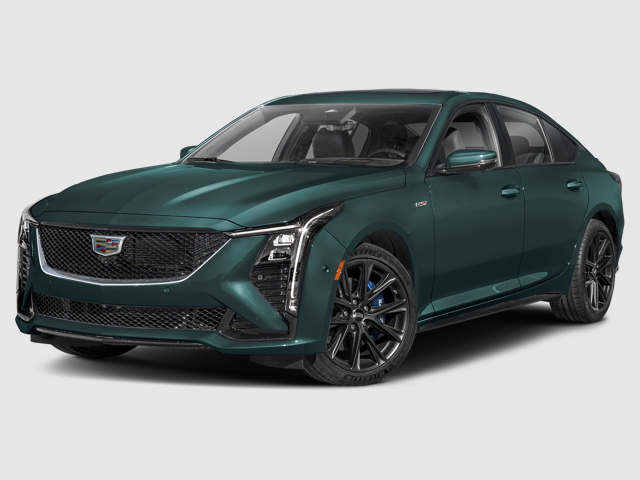 A dark green 2025 Cadillac CT5-V with sporty black wheels and modern design features.