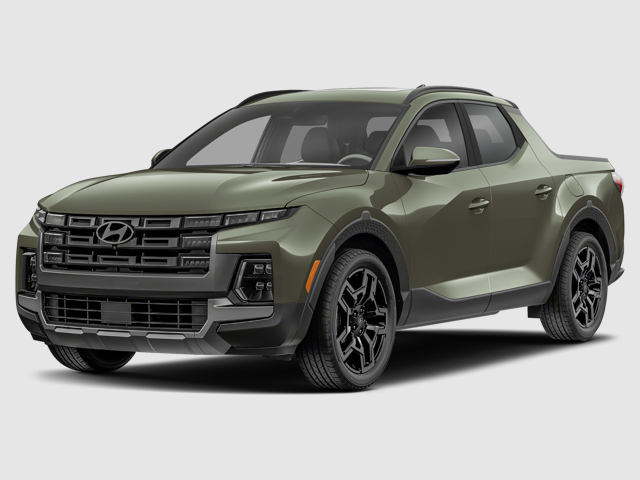 Olive green 2025 Hyundai Santa Cruz pickup truck with black wheels and a modern design.