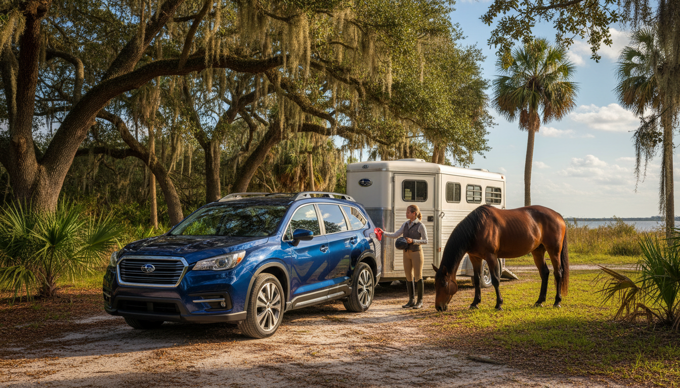 Blue Subaru Ascent towing horse trailer with woman and horse in grassy field under large oak trees.