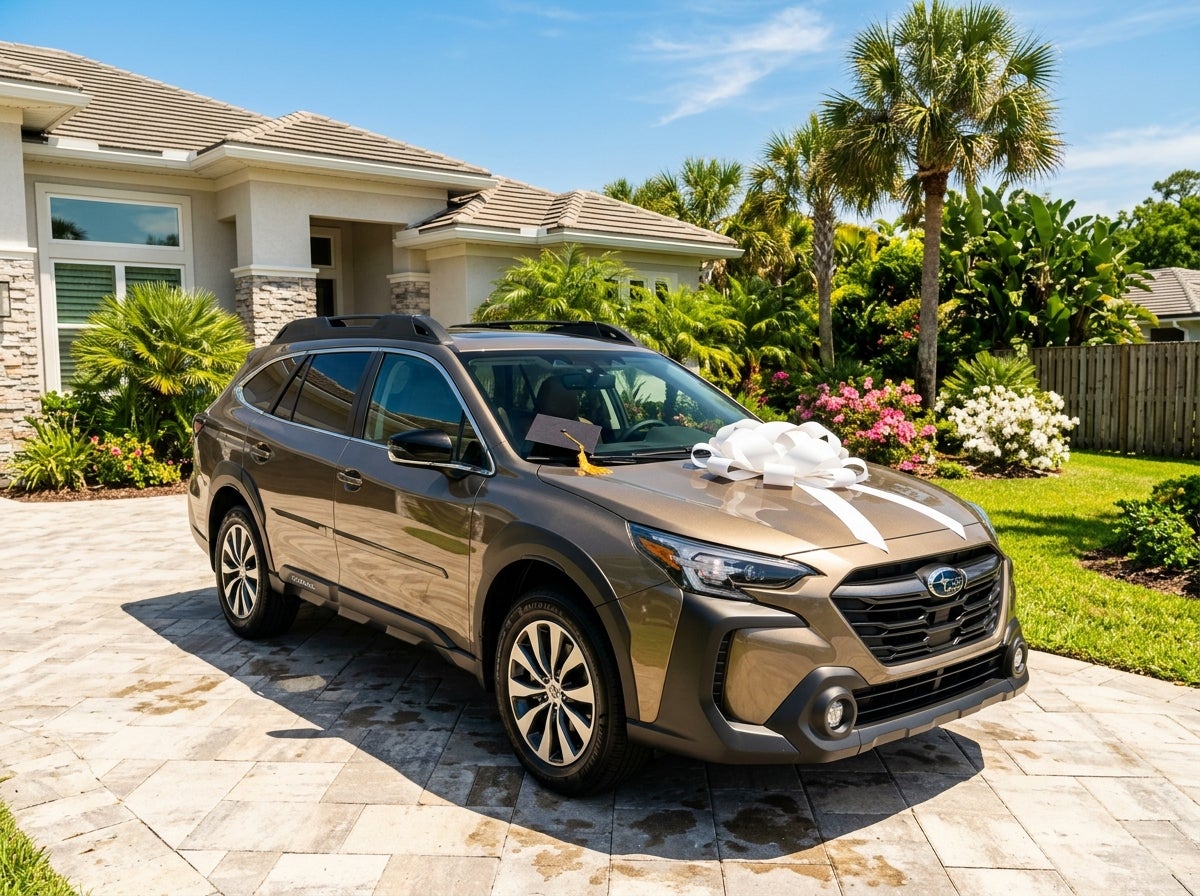 AI generated: Low-angle hero shot of a 2026 Subaru Outback in a sophisticated metallic bronze finish, parked in a sun-drenched suburban driveway in Jacksonville, Florida, a large festive white silk gift bow tied elegantly on the hood, a graduation mortarboard with a gold tassel resting on the dashbo