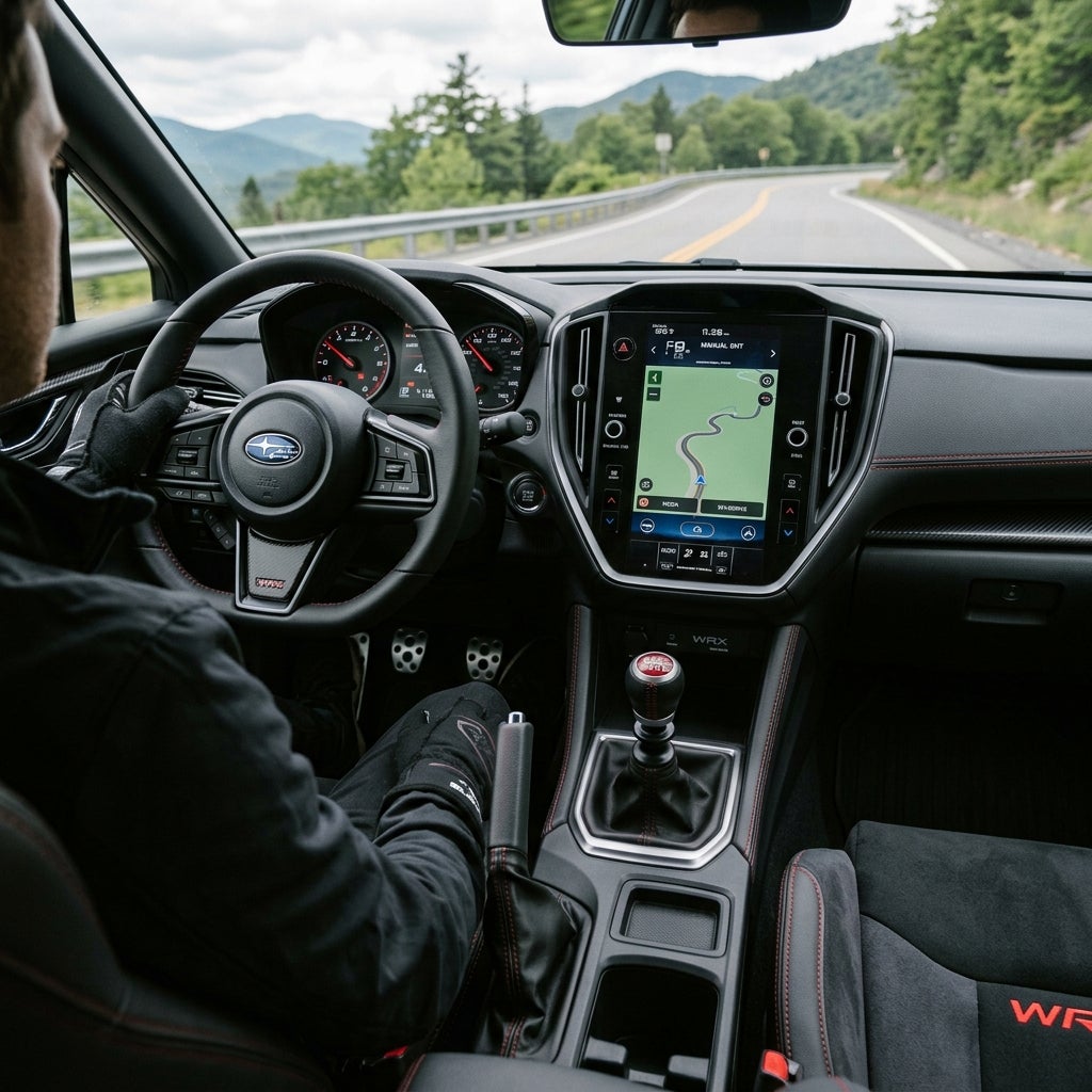Interior view of a driver steering a Subaru WRX with manual transmission on a winding mountain road. (Representative image for illustration purposes only. Actual vehicle may vary based on trim and configuration.)
