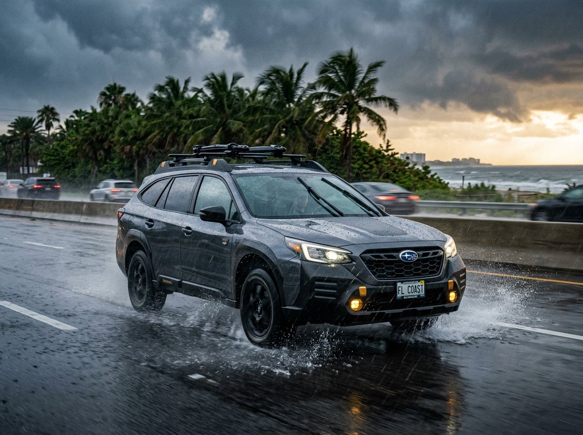 AI generated: A modern Subaru SUV driving through a heavy tropical summer downpour on a slick asphalt highway near the Florida coast, dramatic low-angle tracking shot capturing the vehicle's grounded stability, water splashing intensely from the tires, lush green palm trees and coastal vegetation bl