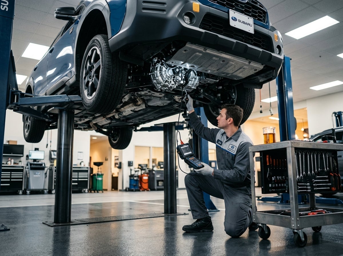 AI generated: Cinematic automotive photography, low-angle view of a modern Subaru crossover on a hydraulic vehicle lift inside a pristine and high-tech dealership service bay, the focal point is the intricate metallic housing of a Lineartronic CVT transmission system under the chassis, a professiona