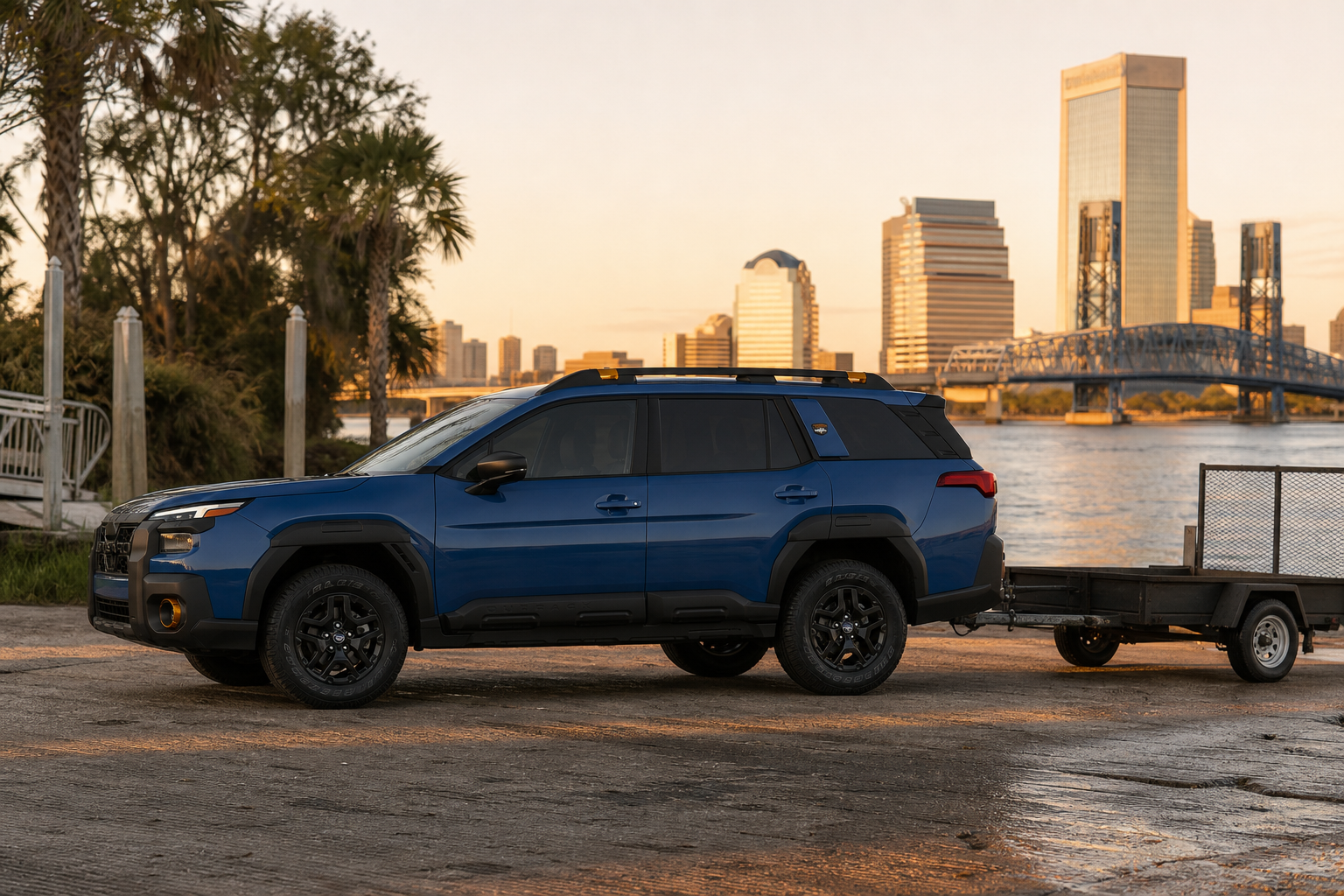 Wagon-style SUV parked at a riverside boat ramp near a small utility trailer at sunset