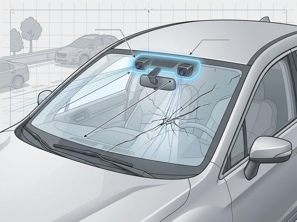 Technical diagram showing a cracked car windshield interfering with the vision of the dual EyeSight cameras. (Representative image for illustration purposes only. Actual vehicle may vary based on trim and configuration.)