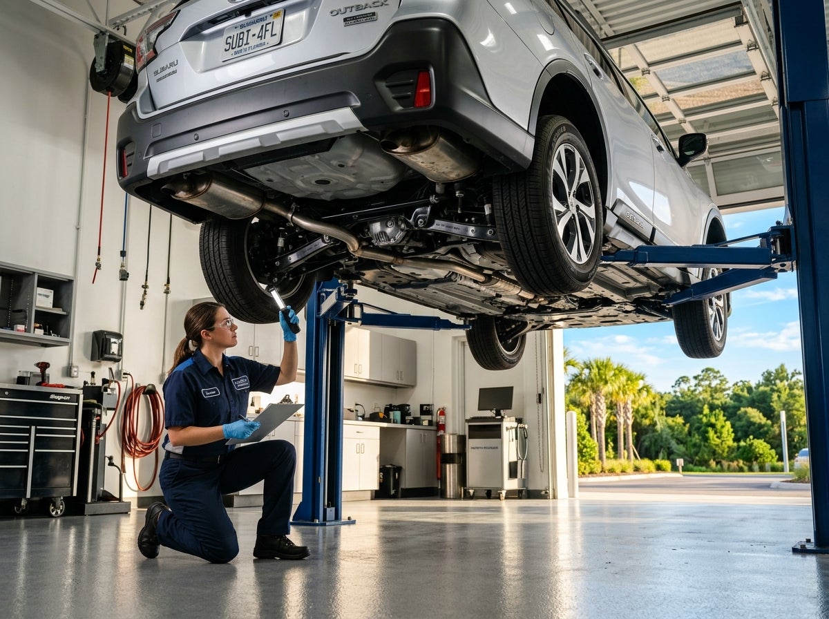 Mechanic inspecting the underside of a car on a hydraulic lift in a garage.