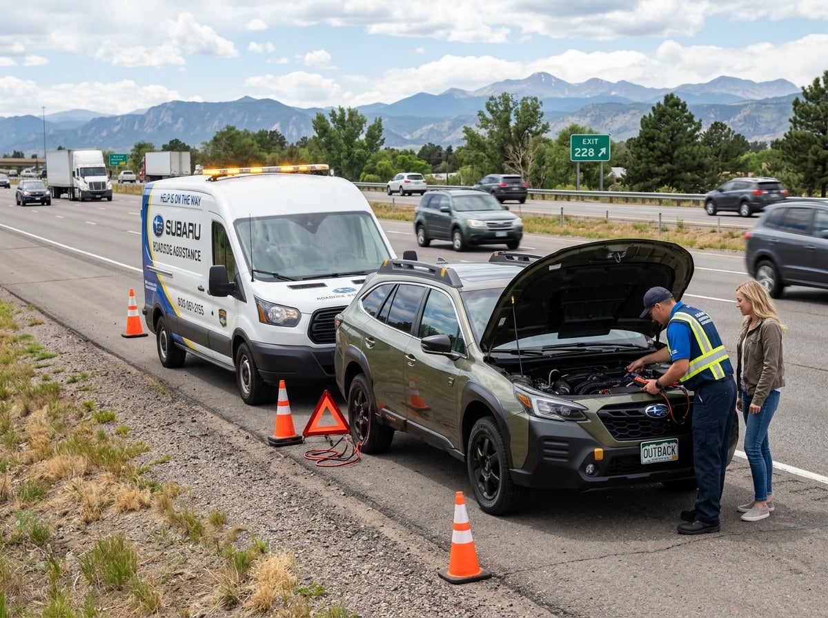 Roadside assistance worker servicing a green Subaru Outback on a highway shoulder next to a service van. (Representative image for illustration purposes only. Actual vehicle may vary based on trim and configuration.)