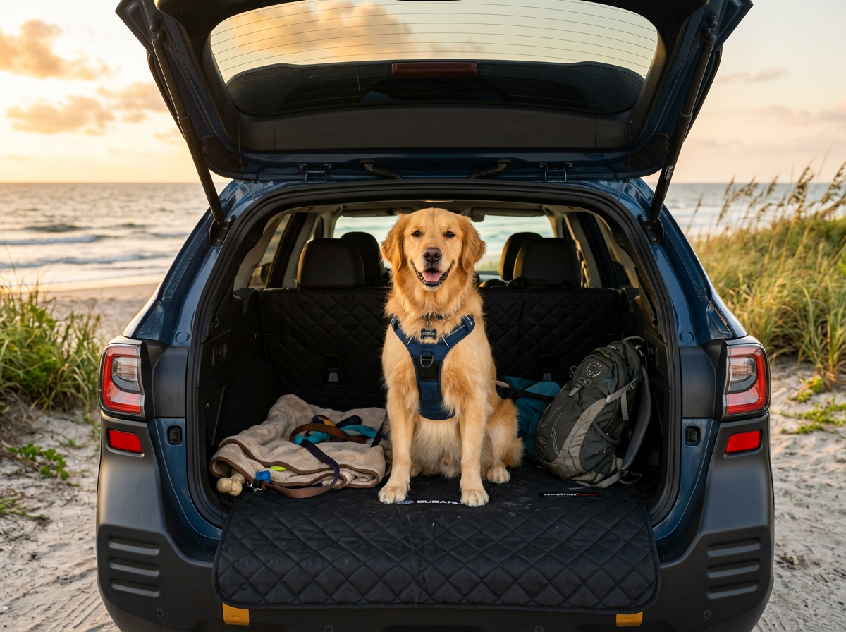 A happy Golden Retriever wearing a harness sits in the open trunk of a blue SUV parked on a beach at sunset.