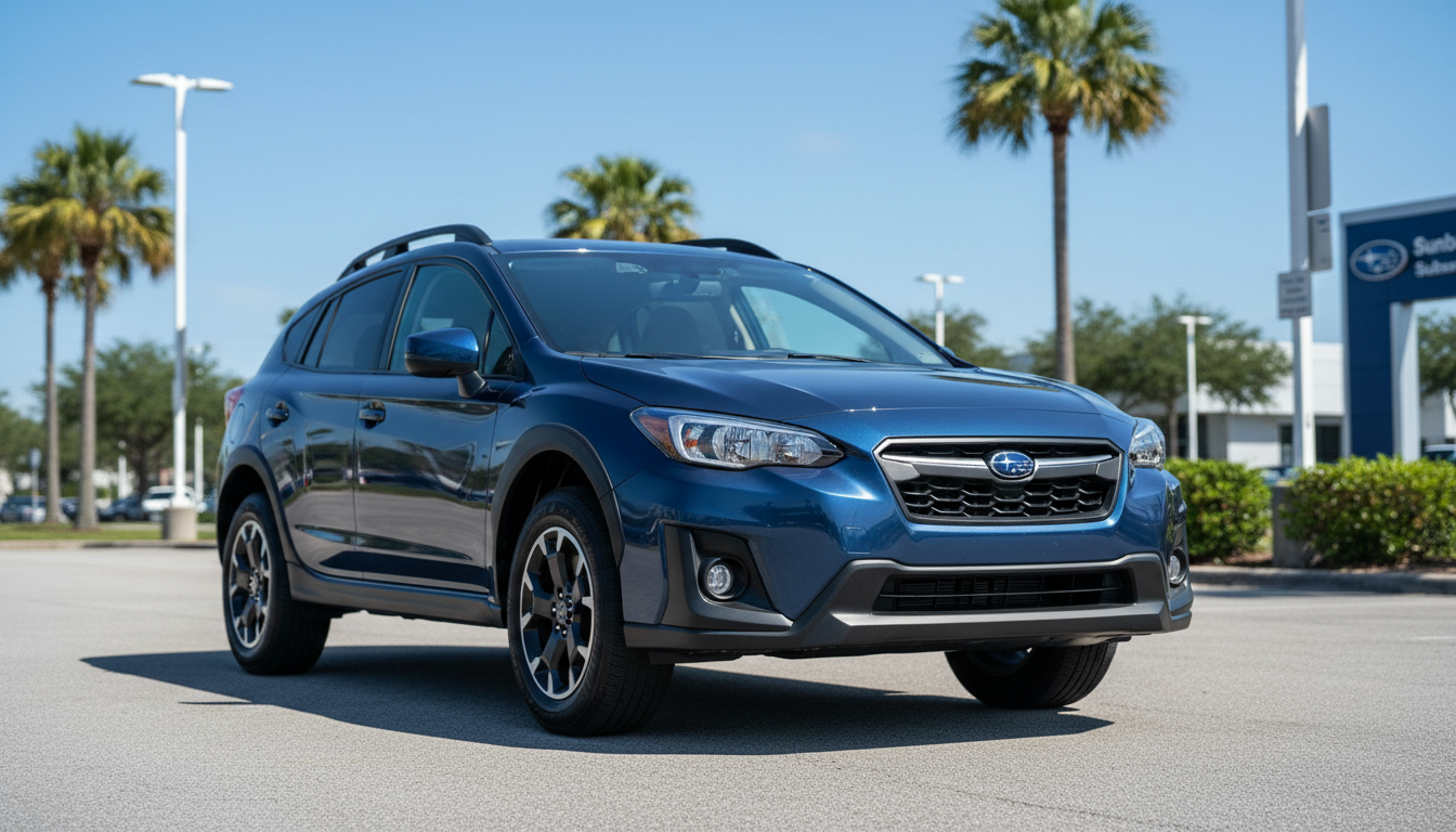 AI generated: A pristine, dark blue Subaru Crosstrek gleams under the bright Florida sunshine, parked prominently on a clean, modern dealership lot, showcasing its rugged yet sleek design and practical appeal. The camera captures a dynamic three-quarter front view, slightly low to highlight the vehi