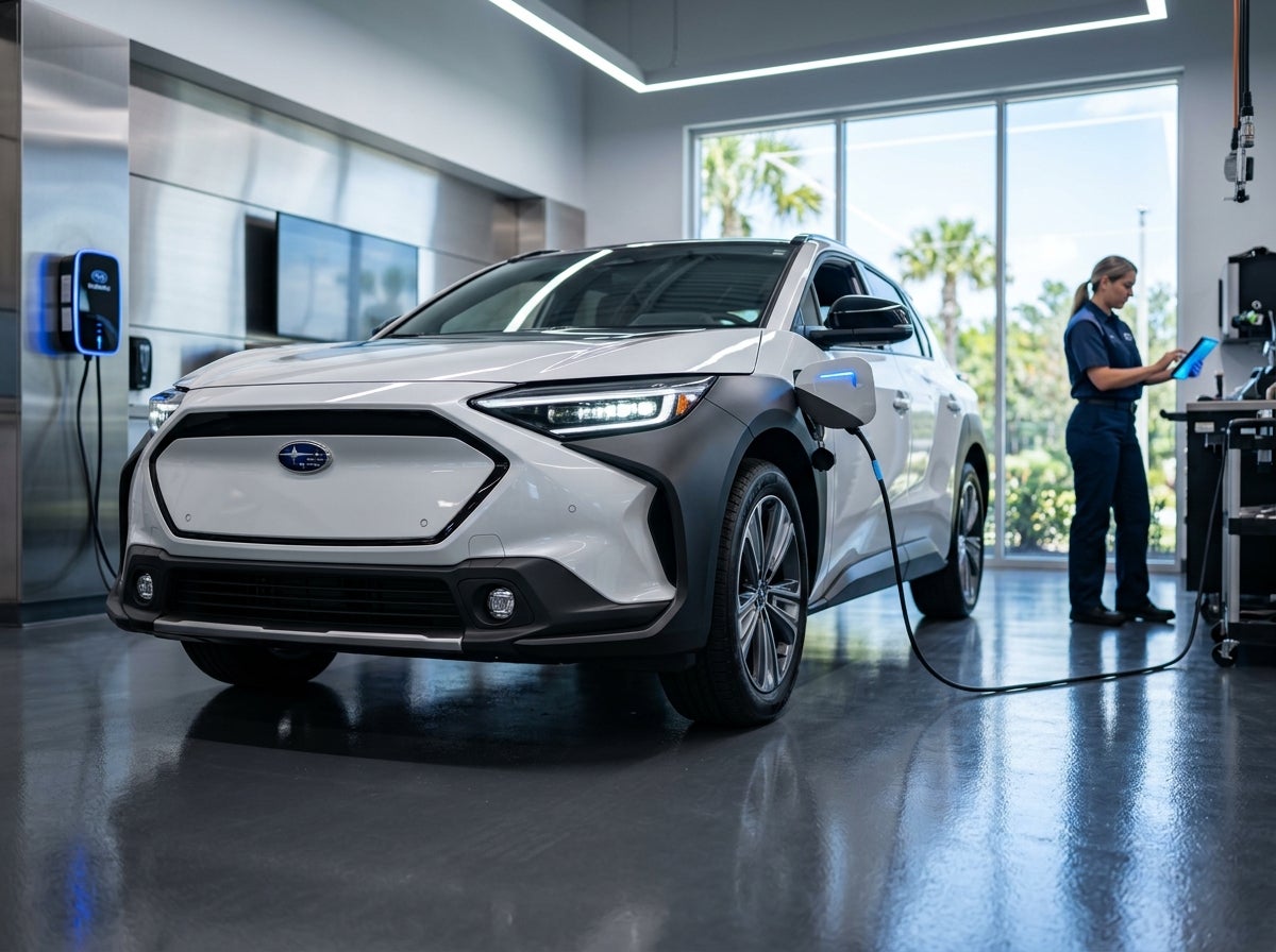 A white Subaru Solterra electric SUV charging in a modern service bay with a technician nearby.