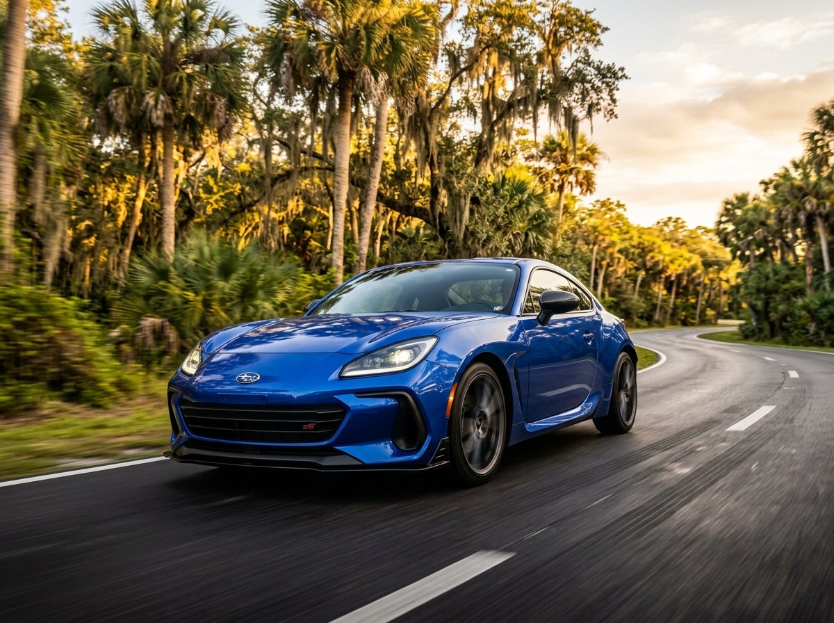 Blue Subaru BRZ tS driving on a winding road lined with palm trees at sunset.