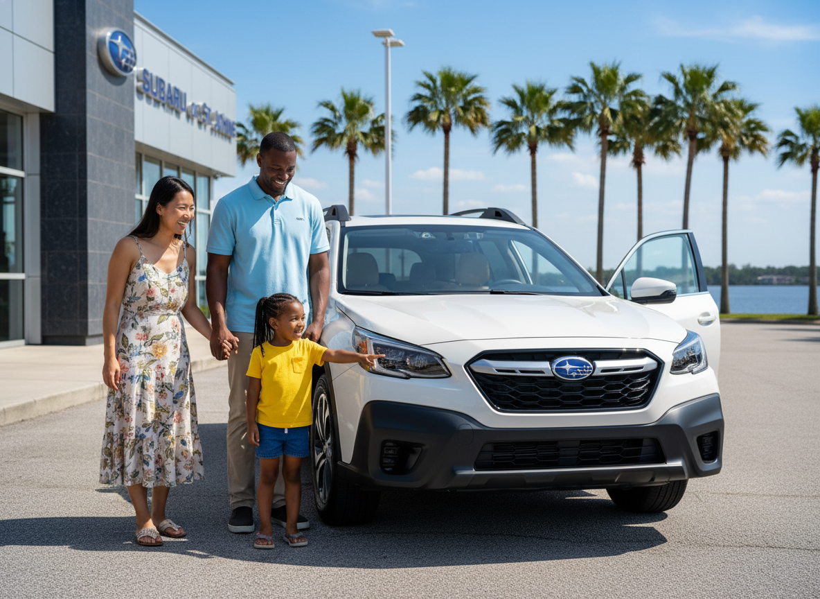 Family standing by their new white Subaru SUV in front of dealership.