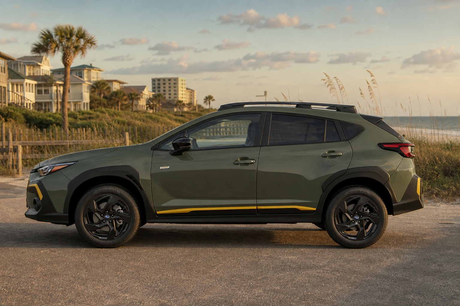Compact crossover parked on a sandy beach-access road near Jacksonville at golden hour with dunes nearby