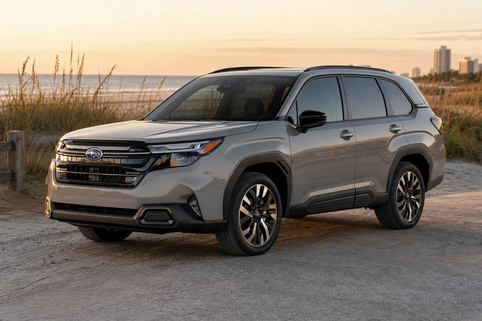 Crossover on a sandy Jacksonville beach access road with dunes and sea oats at golden hour