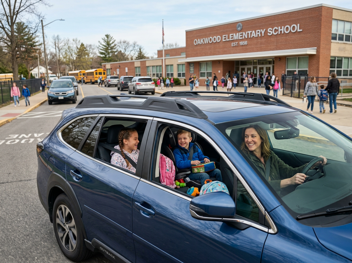 A woman driving a blue Subaru Outback with two smiling children in the back seat outside a school. (Representative image for illustration purposes only. Actual vehicle may vary based on trim and configuration.)