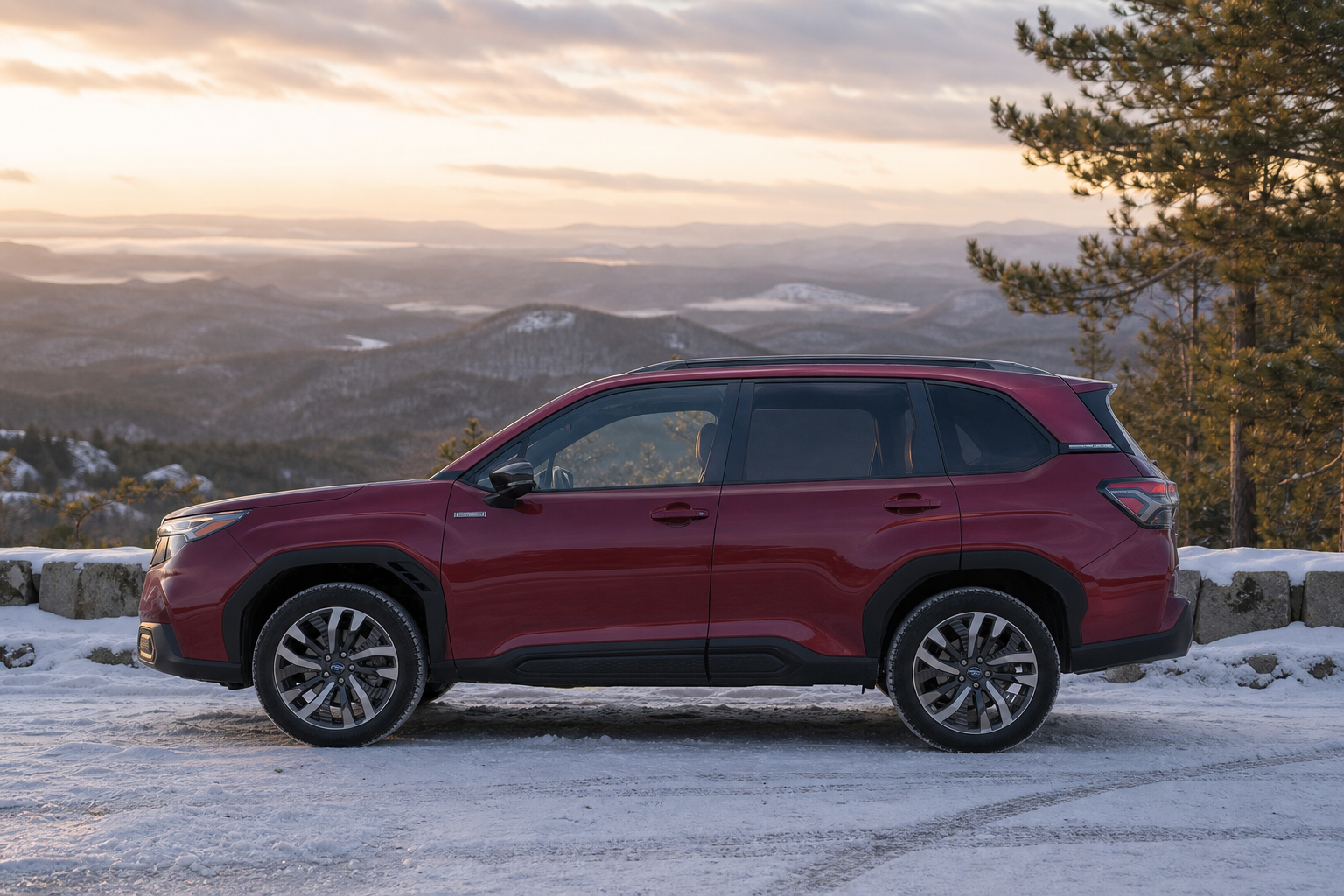 Single SUV parked on a snow-covered mountain pull-off at dawn with fresh tire tracks in the snow