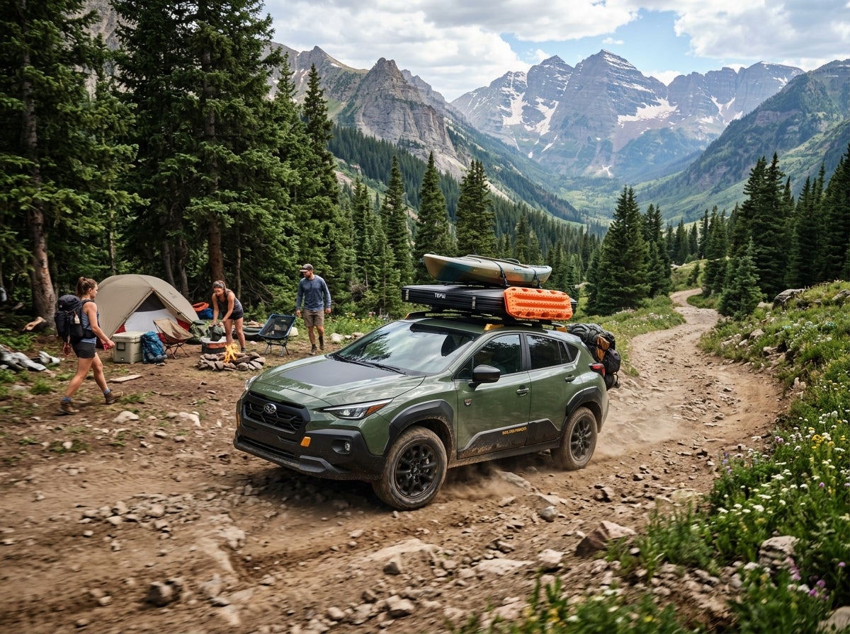 A green Subaru loaded with gear drives on a rocky dirt road past a mountain campsite. (Representative image for illustration purposes only. Actual vehicle may vary based on trim and configuration.)