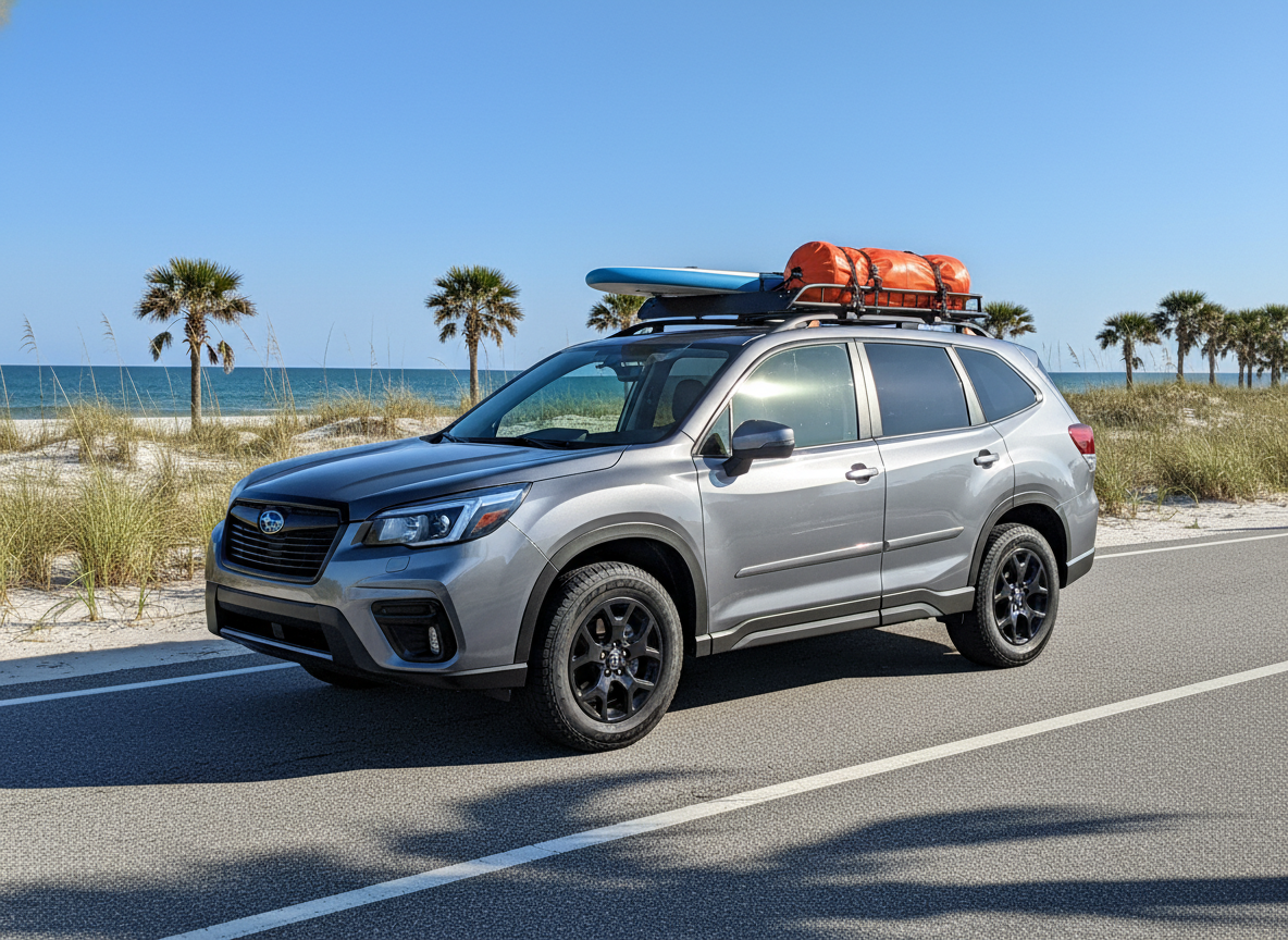AI generated: A vibrant gray 2026 Subaru Forester, impeccably clean and shining, is parked on a smooth, sun-drenched coastal road in Florida's First Coast, ready for adventure. The car is equipped with a robust roof rack securely holding a paddleboard and a waterproof gear bag, suggesting exploratio