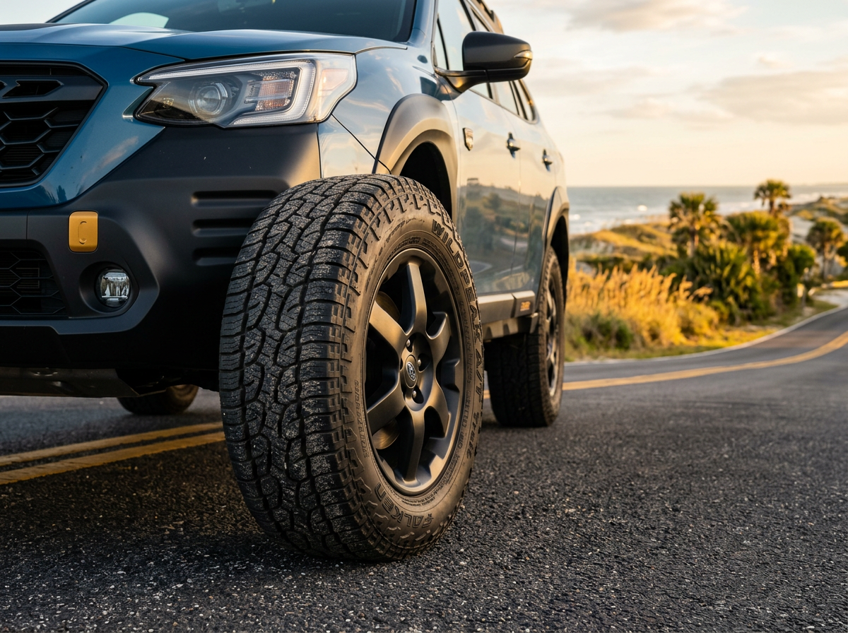 Close-up of an all-terrain Falken Wildpeak tire on a blue Subaru SUV parked on a coastal road at sunset.