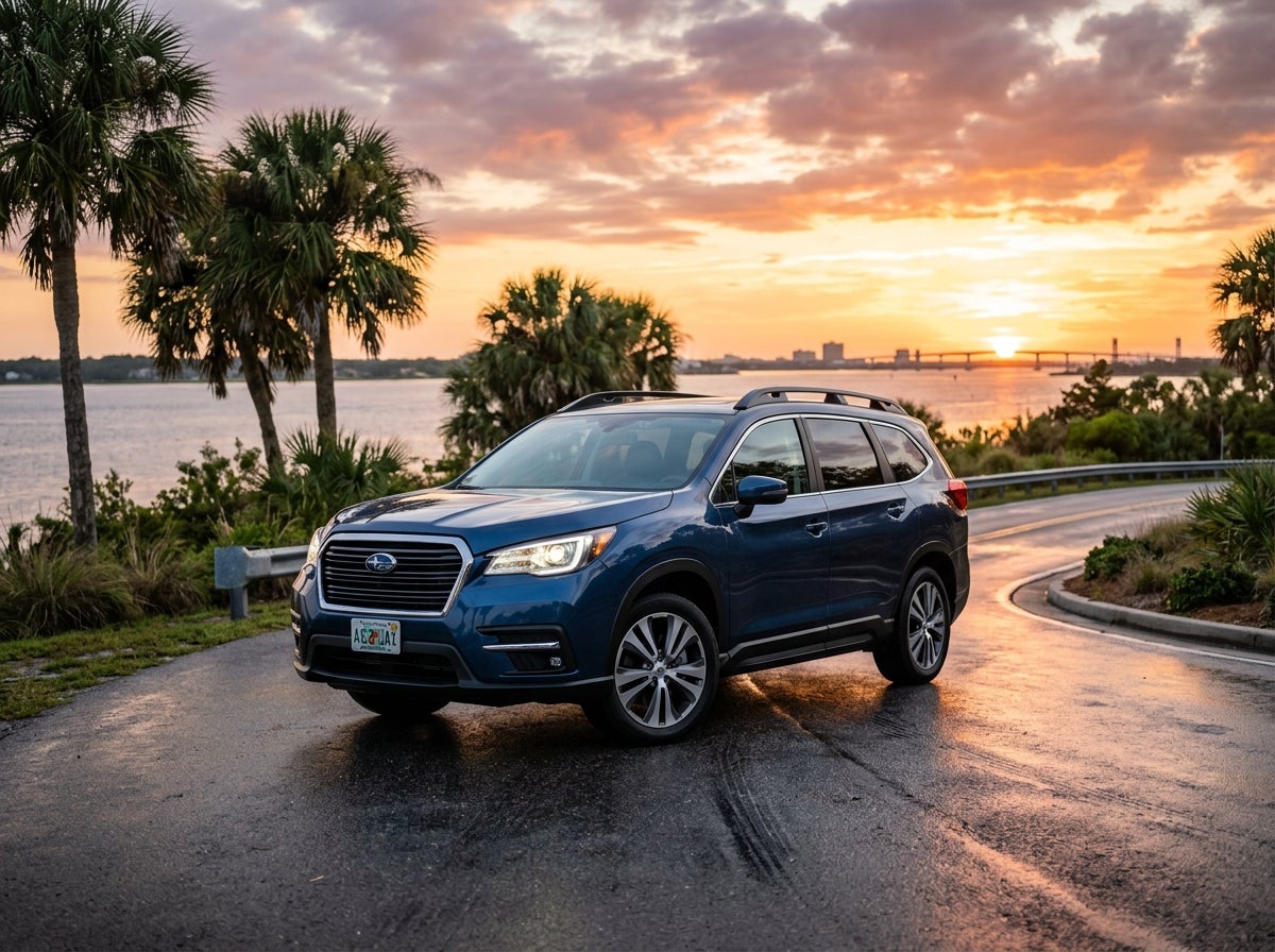 AI generated: Cinematic exterior shot of a 2027 Subaru Ascent, large three-row SUV, metallic abyss blue paint, rugged yet refined design, parked on a scenic coastal road in Jacksonville Florida, background featuring swaying palmetto trees and a glimpse of the St. Johns River under a soft sunset sky,