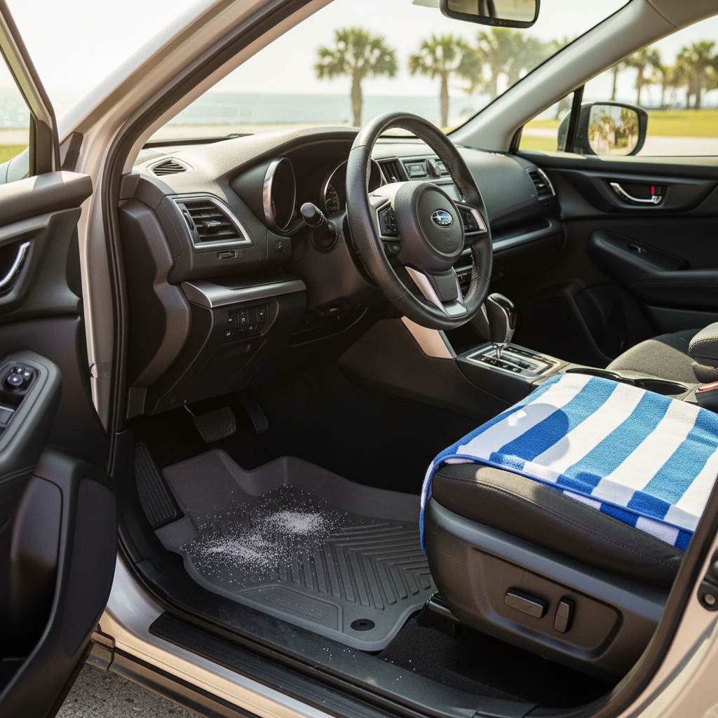 AI generated: A meticulously clean interior of a modern Subaru Outback, parked under a clear blue sky, parked near a sun-drenched beach access in Jacksonville, Florida. Bright natural light floods the cabin through an open door, highlighting the driver's footwell. The central focus is a durable, gre