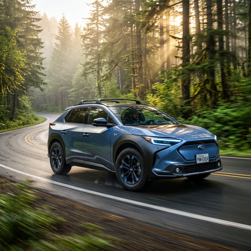 AI generated: Cinematic low-angle tracking shot of a futuristic Subaru electric SUV, sleek aerodynamic body with rugged off-road accents, signature C-shaped LED headlights glowing with a soft blue light, speeding along a winding asphalt road through a dense misty evergreen forest, vibrant green foli