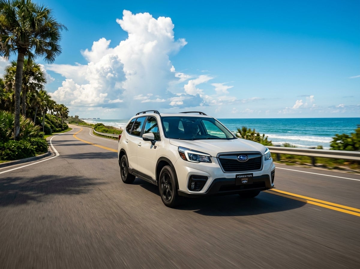 AI generated: Cinematic automotive photography of a modern white Subaru Forester driving along a sun-drenched coastal road in Jacksonville, Florida, low-angle tracking shot, the car is the central focus with a shimmering metallic finish, tall palm trees and lush green tropical foliage lining the asp