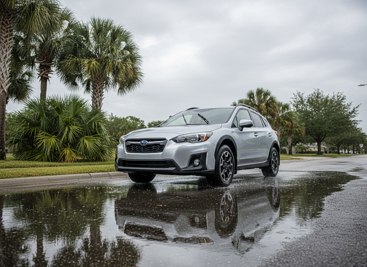 AI generated: A sleek, modern Subaru Crosstrek, painted in silver, confidently navigates a glistening wet suburban road in Jacksonville, Florida. The perspective is a dynamic low-angle, front three-quarter view, highlighting the vehicle's sturdy stance and all-wheel-drive capability as it kicks up a