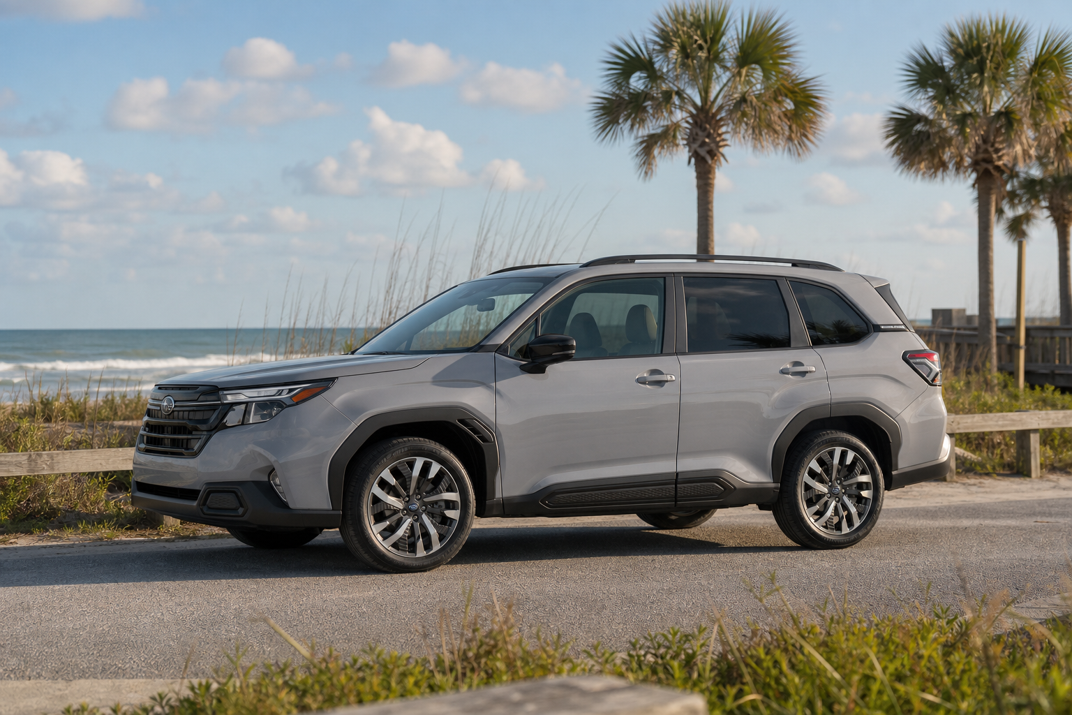 Compact SUV parked at a Florida beach access road with palms and dunes under a clear sky