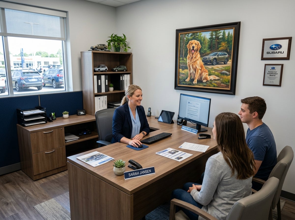 A woman at a desk with a nameplate reading Sarah Jansen talks with a young couple in a professional office.