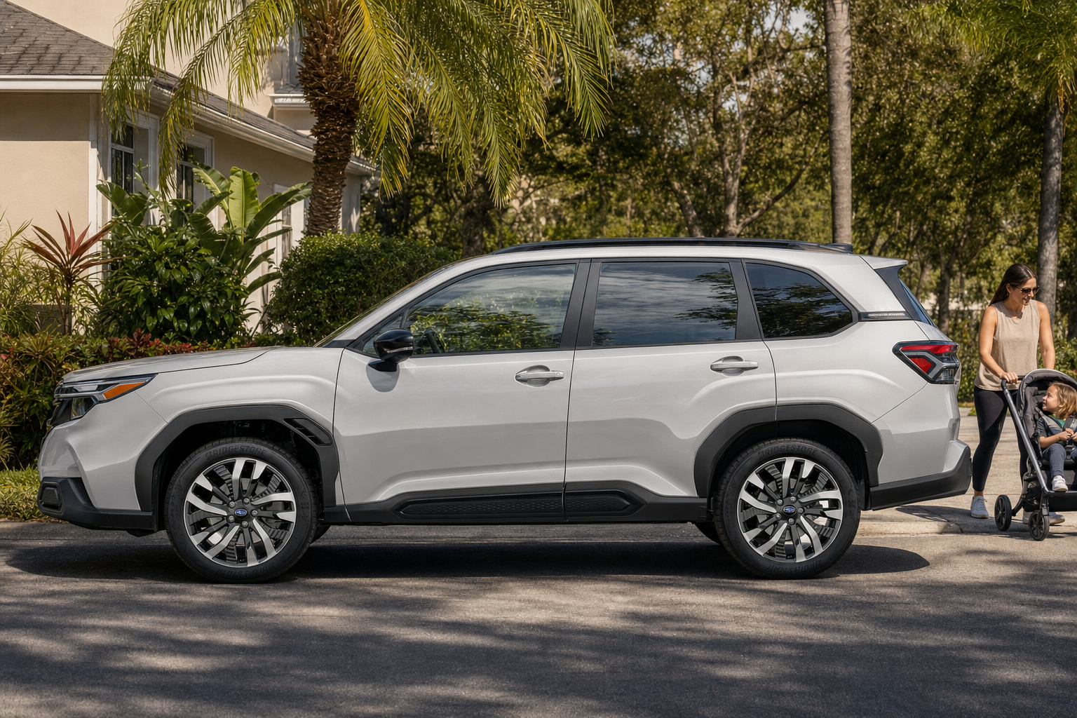 A family crossover parked in a sunny Jacksonville driveway with palm trees and a stroller nearby