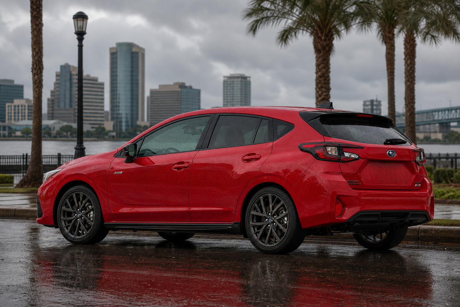 Compact SUV on a wet Jacksonville street after an afternoon rainstorm with palm trees nearby