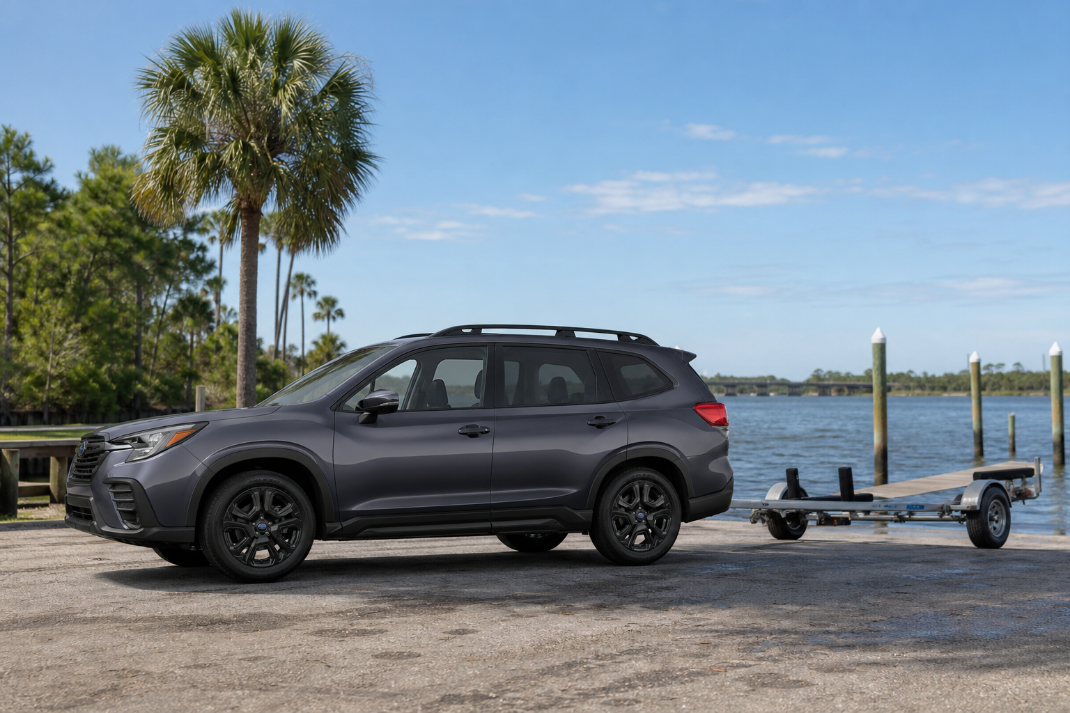 Unbadged SUV parked at a Florida boat ramp on a bright morning, ready for towing near the water