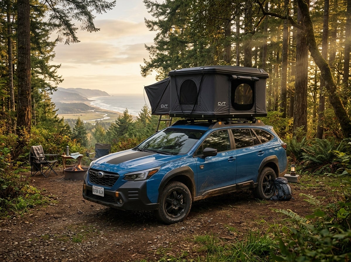 AI generated: A 2026 Subaru Outback Wilderness with a rugged, upright SUV-like silhouette parked at a lush, secluded campsite during the golden hour, the vehicle finished in Geyser Blue with matte black hood decals and copper accents, high ground clearance and all-terrain tires visible, a high-end r